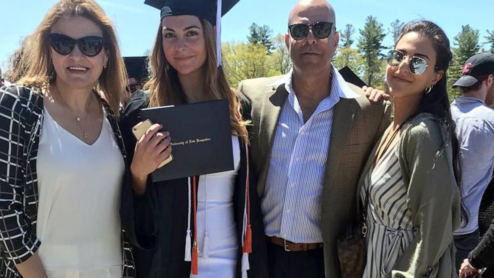 In this May 2019 file photo provided by Guila Fakhoury, her father Amer Fakhoury, second right, gathers with family members at the University of New Hampshire in Durham, N.H. U.S. Sen. Jeanne Shaheen, of New Hampshire, is sponsoring a bill, which she