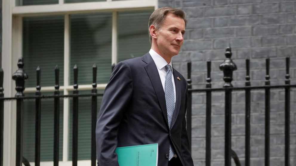 FILE - Britain's Treasury Chief Jeremy Hunt leaves 11 Downing Street on Nov. 17, 2022. Britain is easing banking rules brought in after the 2008 global financial crisis in a bid to attract investment and secure London’s status as Europe’s leading fin
