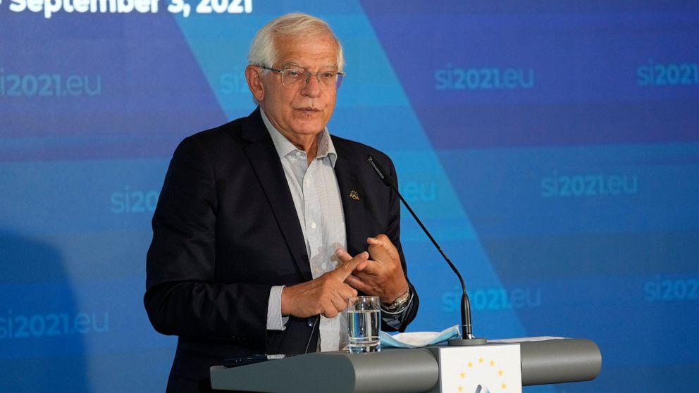 European Union foreign policy chief Josep Borrell speaks during a media conference at the conclusion of a meeting of EU foreign ministers at the Brdo Congress Center in Kranj, Slovenia, Friday, Sept. 3, 2021. European Union officials listed Friday a 