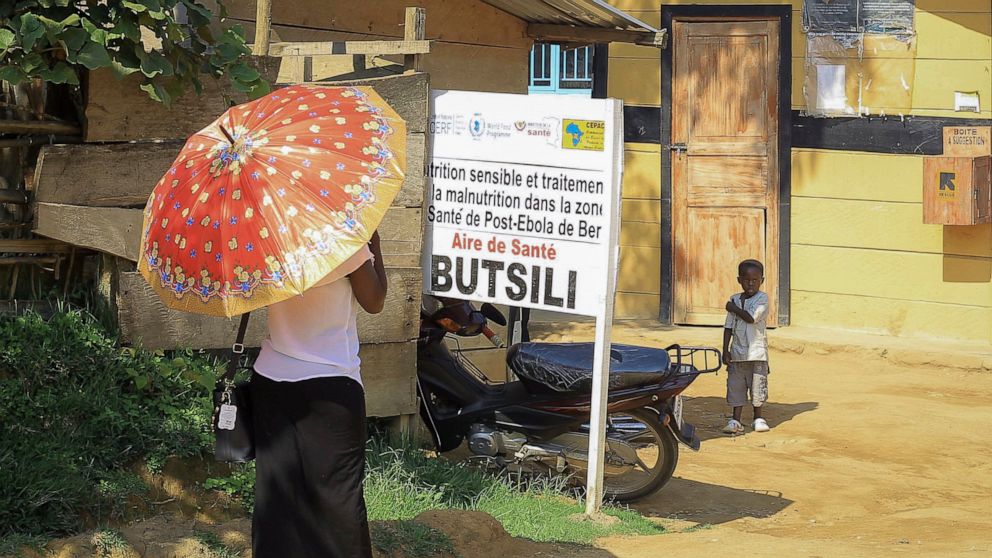 A sign directs to the Butsili health center in Beni, eastern Congo Saturday, Oct. 9, 2021. A case of Ebola has been confirmed after a child died and tested positive at the hospital, according to the country's Health Ministry and the National Institut