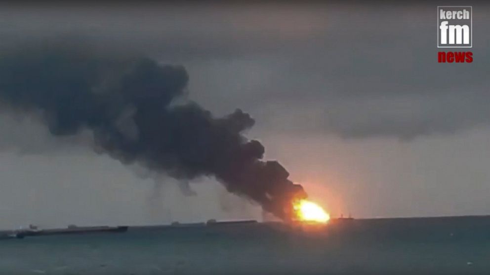 In this video grab provided by the Kerch.fm web portal, the two vessels, the Maestro and the Candiy, on fire near the Kerch Strait linking the Black Sea and the Sea of Azov, in Kerch, Crimea, Monday, Jan. 21, 2019. Two Tanzanian-flagged commercial ve
