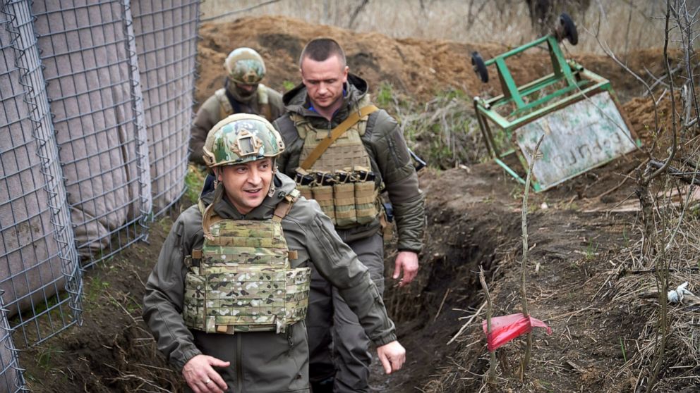 Ukrainian President Volodymyr Zelenskyy visits the war-hit Donbas region, eastern Ukraine, Friday, April 9, 2021. Ukraine's president is visiting the area of conflict in his country's east amid an escalation of tensions that has raised fears of a res