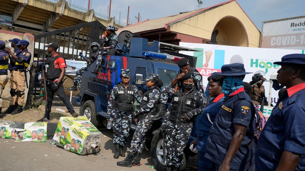 Nigeria police officers and Civil Defence provides security during an election campaign of Bola Ahmed Tinubu, presidential candidate of the All Progressives Congress, Nigeria's ruling party, ahead of 2023 Presidential elections in Lagos, Nigeria, Sat