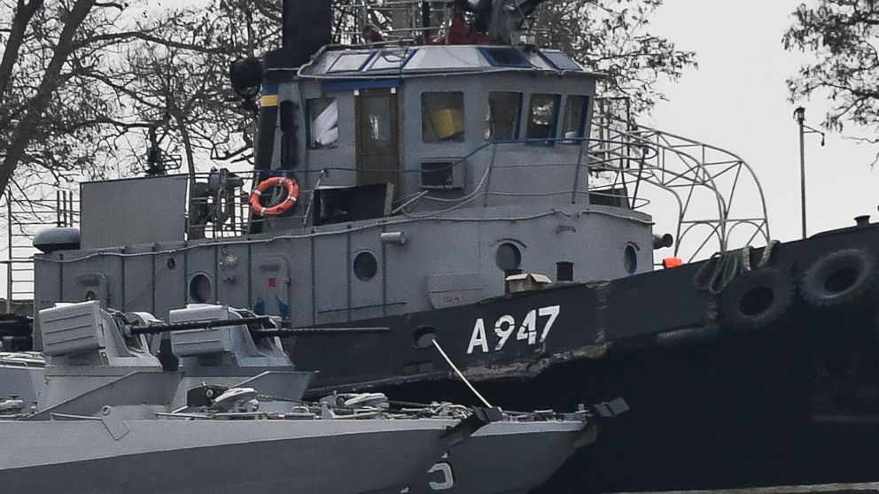 FILE - In this Nov. 25, 2018 file photo, damage can be seen to one of three Ukrainian ships seized by Russia during a naval incident near the annexed Crimean Peninsula. A top official from Ukraine has told the BBC in remarks posted on Wednesday, Dec.