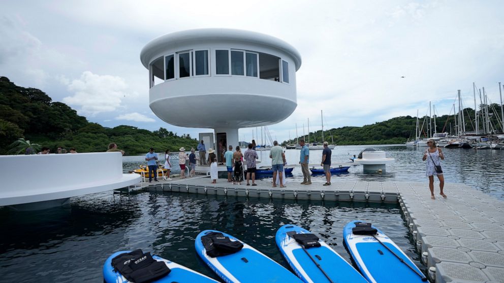 A SeaPod Eco prototype, the first of a futuristic line of homes built over water, is shown to the press in Linton Bay Marina, Panama, Thursday, Sept. 22, 2022. Developers hoped to market these homes that are only accessible by boat off Panama's Carib