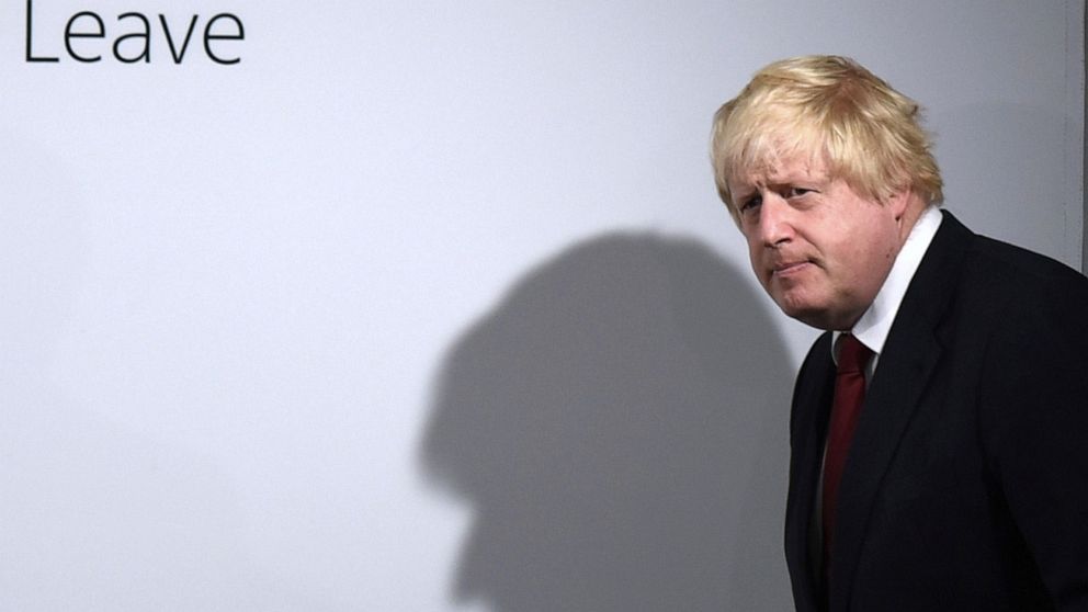 FILE - In this Friday, June 24, 2016 file photo, Vote Leave campaigner Boris Johnson arrives for a press conference at Vote Leave headquarters in London. (Mary Turner/Pool via AP, File)