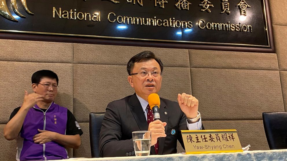 FILE - In this Nov. 18, 2020, file photo, Taiwan's National Communications Commission (NCC) chairman Chen Yaw-shyang makes remarks during a press conference explaining the rejection of the license renewal for the pro-China news channel CTi TV in Taip