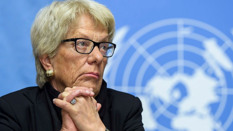 FILE- Carla del Ponte, then Member of the Independent Commission of Inquiry on the Syrian Arab Republic, attends a press conference, at the European headquarters of the United Nations in Geneva, Switzerland, Wednesday, March 1, 2017. The former chief