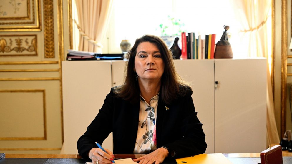Swedish Minister of Foreígn Affairs Ann Linde poses for photographers as she signs Sweden's application for NATO membership at the Ministry of Foreign Affairs, in Stockholm, Tuesday, May 17 2022. Sweden's decision to seek NATO membership follows a si