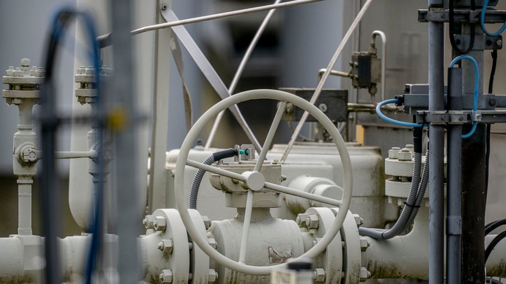 Pipes of the gas storage plant Reckrod are pictured near Eiterfeld, central Germany, Thursday, July 14, 2022, after the Nord Stream 1 pipeline was shut down due to maintenance. (AP Photo/Michael Probst)