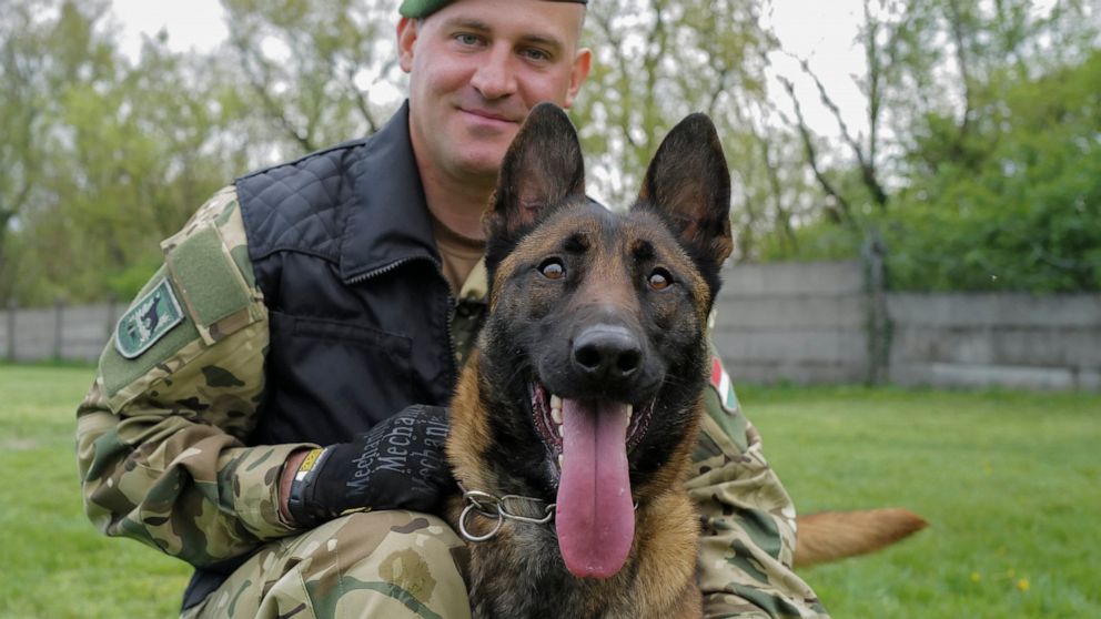 Sgt. 1st Class Balazs Nemeth and his bomb sniffer dog Logan are seen together at the garrison of Explosive Ordnance Disposal and Warship Regiment of the Hungarian Defense Forces in Budapest, Hungary, April 28, 2022. Logan, a two-year-old Belgian shep