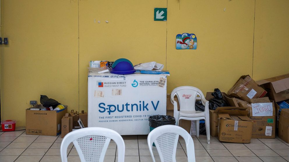 An empty box that once held Russian Sputnik vaccines for COVID-19 sits with other empty boxes at a vaccination center in Guatemala City, Tuesday, March 1, 2022. Health authorities in Guatemala say over a million doses of the Russian Sputnik coronavir