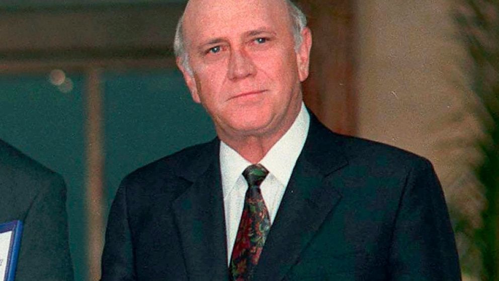 FILE- Former South African President F.W. de Klerk,poses with his Nobel Peace Prize Gold Medal and Diploma, in Oslo, Dec. 10, 1993. The medal awarded nearly 30 years ago to de Klerk, was stolen from his Cape Town home in April, his foundation said We