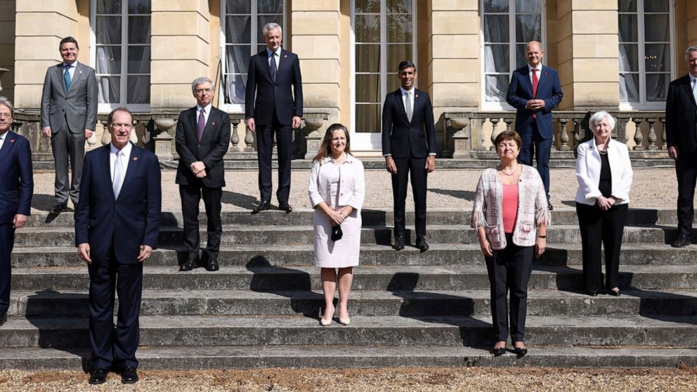From left, EU's Economy Commissioner Paolo Gentiloni, Eurogroup President Paschal Donohoe, World Bank President David Malpass, Italy's Finance Minister Daniele Franco, French Finance Minister Bruno Le Maire, Canada's Finance Minister Chrystia Freelan