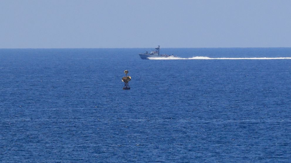 FILE - An Israeli Navy vessel patrols in the Mediterranean Sea, while Lebanon and Israel are being called to resume indirect talks over their disputed maritime border with U.S. mediation, off the southern town of Naqoura, Monday, June 6, 2022. The Is