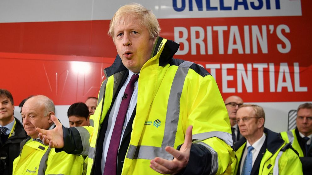 Britain's Prime Minister Boris Johnson talks during a question and answer session, part of a General Election campaign visit to Ferguson's Transport in Washington, England, Monday, Dec. 9, 2019. Britain goes to the polls on Dec. 12. (Ben Stansall/Poo