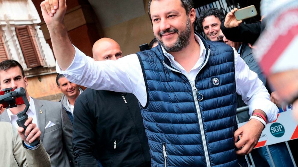 Italian Deputy Premier and Interior Minister, Matteo Salvini, attends an election campaign rally in Sassuolo, Italy, Sunday, May 19, 2019. Salvini, the head of Italy's right-wing League party, has positioned himself at the forefront of a growing move