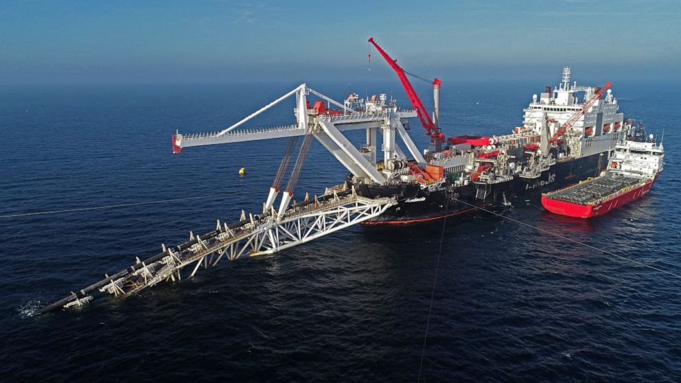FILE - A ship works offshore in the Baltic Sea on the natural gas pipeline Nord Stream 2 from Russia to Germany, on Nov. 11, 2018. Denmark's maritime authority said Monday Sept. 26, 2022 that a gas leak had been observed in a pipeline leading from Ru