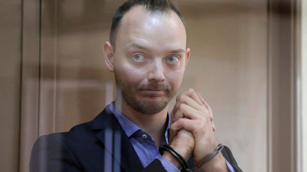 FILE - Ivan Safronov, an adviser to the director of Russia's state space corporation, stands in a cage in a courtroom in Moscow, Russia, on July 16, 2020. Prosecutors asked the court Tuesday, Aug. 30, 2022, to sentence Safronov to 24 years in prison.