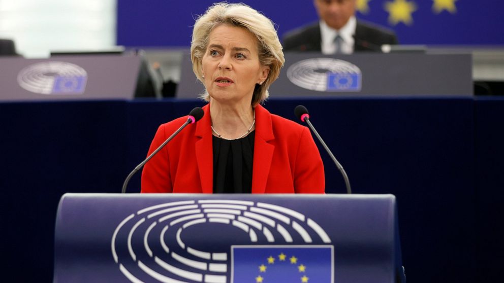 European Commission president Ursula von der Leyen delivers her speech Tuesday, Oct. 19, 2021 at the European Parliament in Strasbourg, eastern France. The European Union's top official locked horns Tuesday with Poland's prime minister Mateusz Morawi
