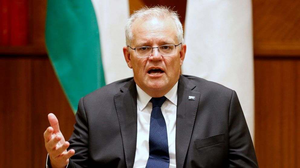 FILE - Australian Prime Minister Scott Morrison looks on during a meeting with Quad members India, Japan, United States and Australia, in Melbourne, on Feb. 11, 2022. Morrison on Tuesday, Feb. 15, urged China to denounce Russian threats against Ukrai