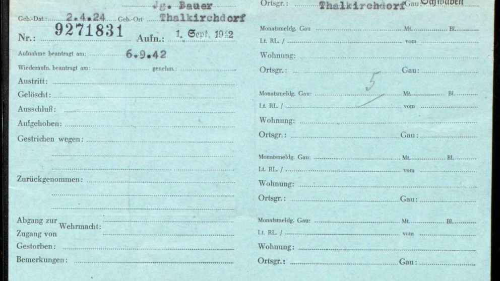 An image of an ID card issued by Germany's Federal Archive that shows that an 18-year-old named Michael Kast joined the National Socialist German Workers' Party, or NSDAP, on Sept. 1, 1942. While the Federal Archive couldn't confirm whether Michael K