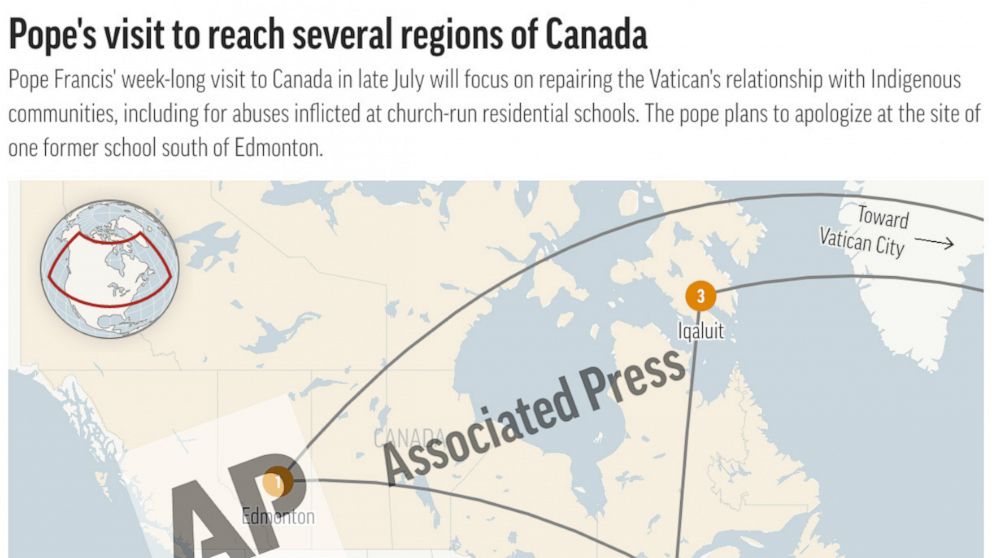 This preview of a digital embed shows the areas in Canada where Pope Francis plans to visit in late July. (AP Digital Embed)