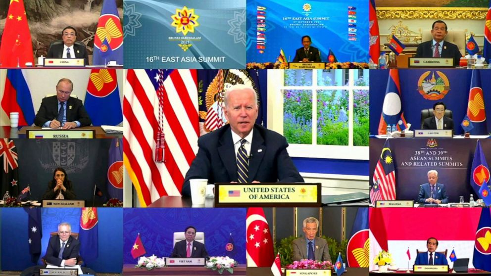 In this image released by Brunei ASEAN Summit, United States President Joe Biden speaks in the virtual meetingof ASEAN - East Asia Summit on the sidelines of the Association of Southeast Asian Nations (ASEAN) summit with the leaders, Wednesday, Oct. 