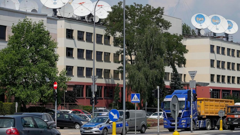 FILE - This Thursday, July 8, 2021 file photo shows the Warsaw headquarters of Poland's TVN broadcaster that is owned by the U.S. company Discovery Inc., in Warsaw, Poland. The U.S. company Discovery Inc. said Monday Aug. 16, 2021, it has been grante
