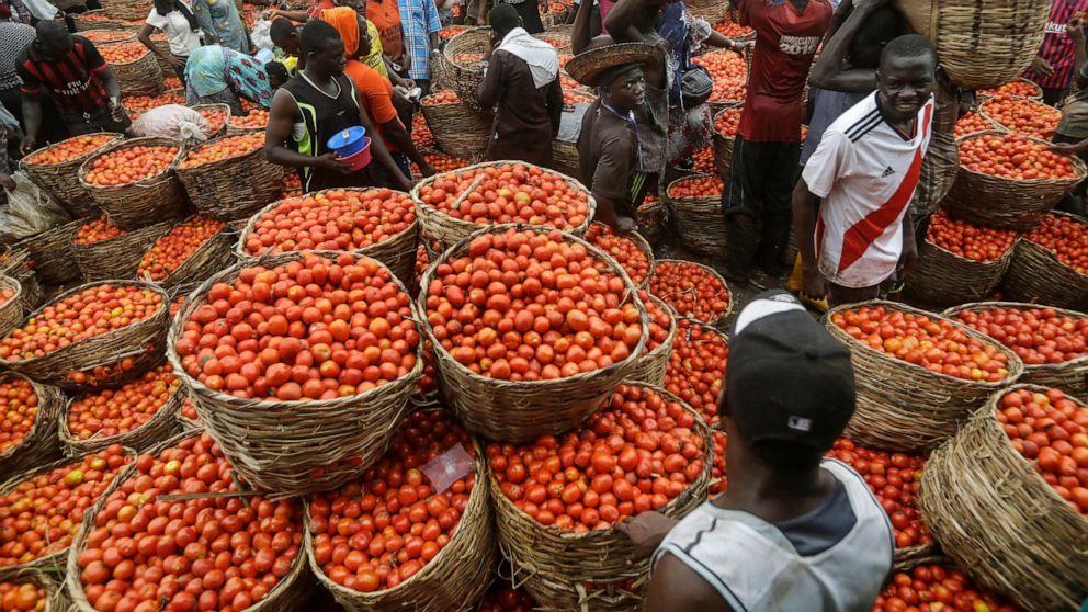 FILE - People buy tomatoes from a vegetable market in the commercial capital Lagos, Nigeria, on April. 17, 2020. Nigeria's consumer inflation surged to a 17-year high in August 2022, its statistics agency said on Thursday, Sept. 15, 2022, signalling 