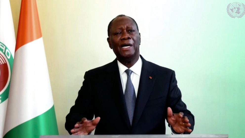 In this image made from UNTV video, Alassane Ouattara, President of Cote d'Ivoire, speaks in a pre-recorded message which was played during the 75th session of the United Nations General Assembly, Thursday Sept. 24, 2020, at UN headquarters, in New Y