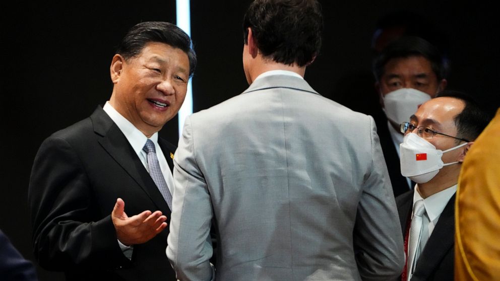Canada Prime Minister Justin Trudeau talks with Chinese President Xi Jinping after taking part in the closing session at the G20 Leaders Summit in Bali, Indonesia on Wednesday, Nov. 16, 2022. Xi Jinping chastised Trudeau at the G-20 summit for leakin