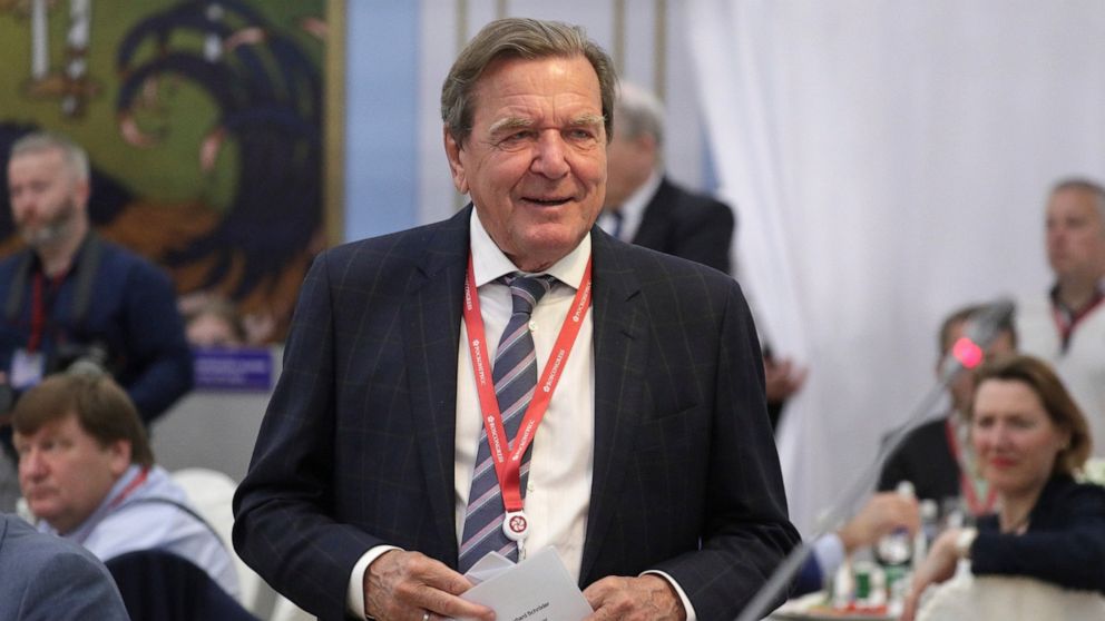 FILE - Former German Chancellor Gerhard Schroeder arrives to attend the St. Petersburg International Economic Forum in St. Petersburg, Russia, June 7, 2019. German Chancellor Olaf Scholz has on Thursday, March 3, 2022 asked former Chancellor Gerhard 
