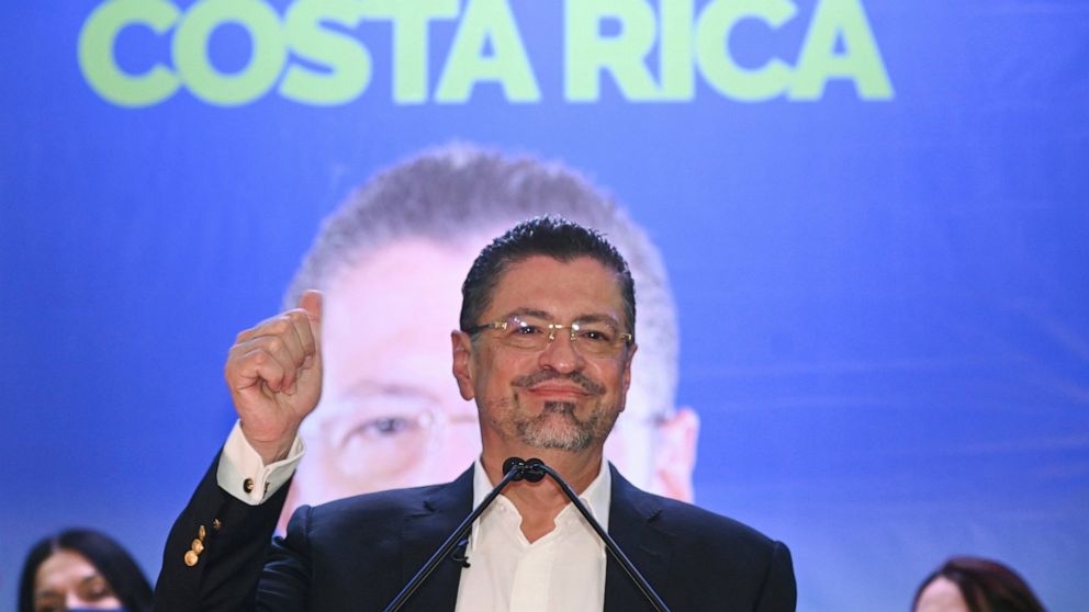 FILE - Costa Rica's former finance minister Rodrigo Chaves speaks to supporters at his headquarters in San Jose, Costa Rica, after winning a presidential runoff election, Sunday, April 3, 2022. Chaves has begun a four-year term as Costa Rica’s new pr