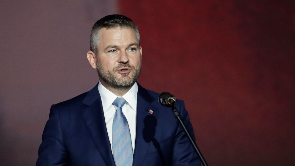 FILE - In this Sunday, Nov. 17, 2019 file photo Slovak Prime Minister Peter Pellegrini delivers a speech at the National Museum in Prague, Czech Republic. Former Slovakia's Prime Minister Peter Pellegrini announced on Wednesday a plan to leave his le