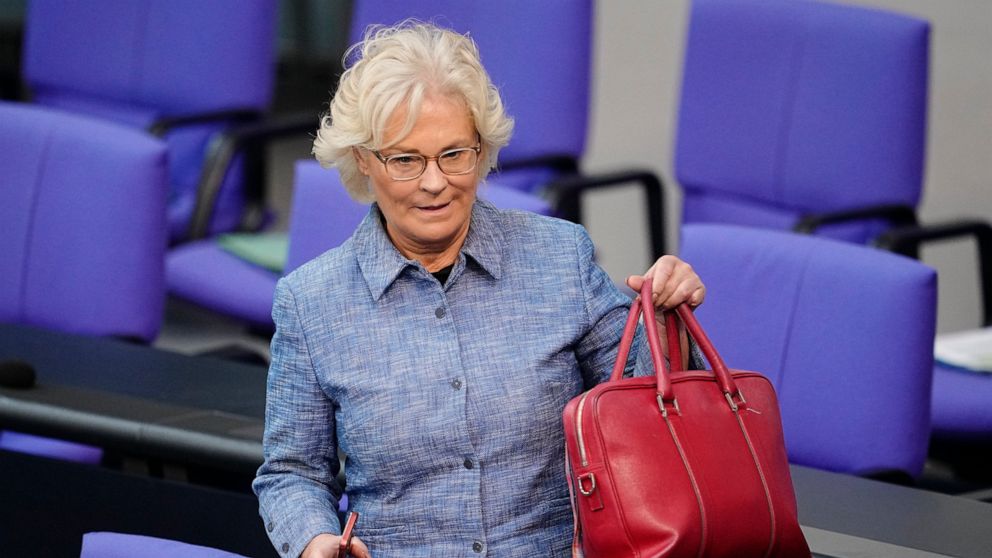 Christine Lambrecht, Federal Minister of Defense, takes part in the general debate of the budget week in the Bundestag in Berlin, Germany, Wednesday, June 1, 2022. The Bundestag votes on the 2022 budget in its second deliberation. (Kay Nietfeld/dpa v