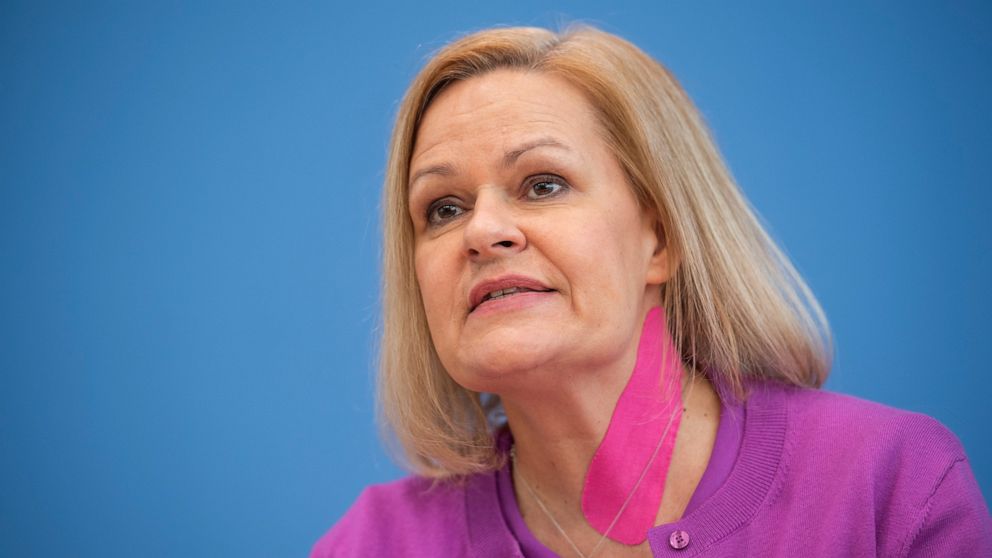 Nancy Faeser, Federal Minister of the Interior and Home Affairs, speaks at a press conference to present the Action Plan on Right-Wing Extremism in Berlin, Germany, Tuesday, March 15, 2022. Germany's top security officials announced a ten-point plan 