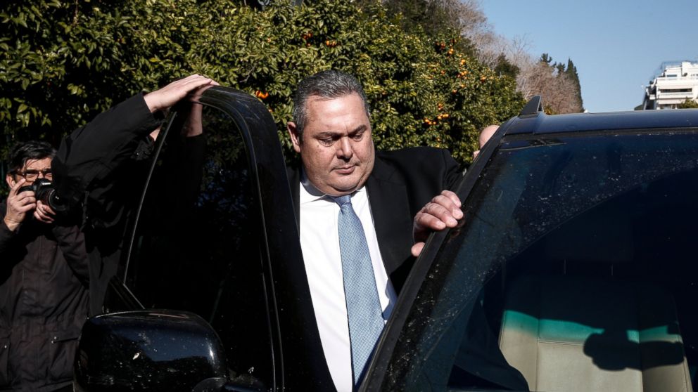 Greek Defense Minister Panos Kammenos, leaves Maximos mansion following a meeting with Greece's Prime Minister Alexis Tsipras, in Athens, Sunday, Jan. 13, 2019. Greek defense Minister Kammenos, leader of the right-wing populist Independent Greeks par