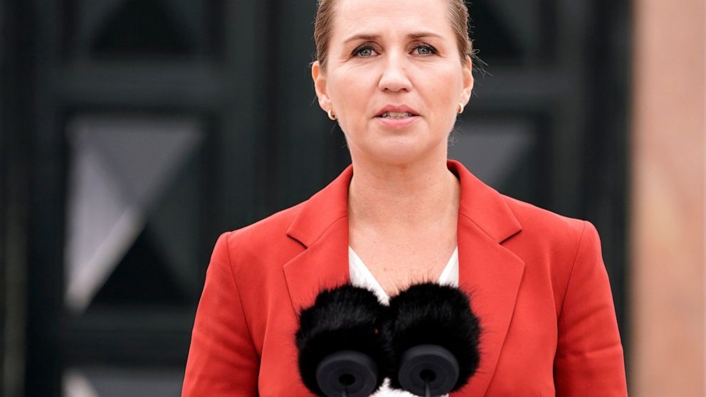 Denmark's Prime Minister Mette Frederiksen gives a press conference in front of Marienborg in Copenhagen, Denmark Wednesday Oct. 5, 2022. Denmark's Prime Minister has announced a General Election to be held at November 1, 2022. (Liselotte Sabroe/Ritz