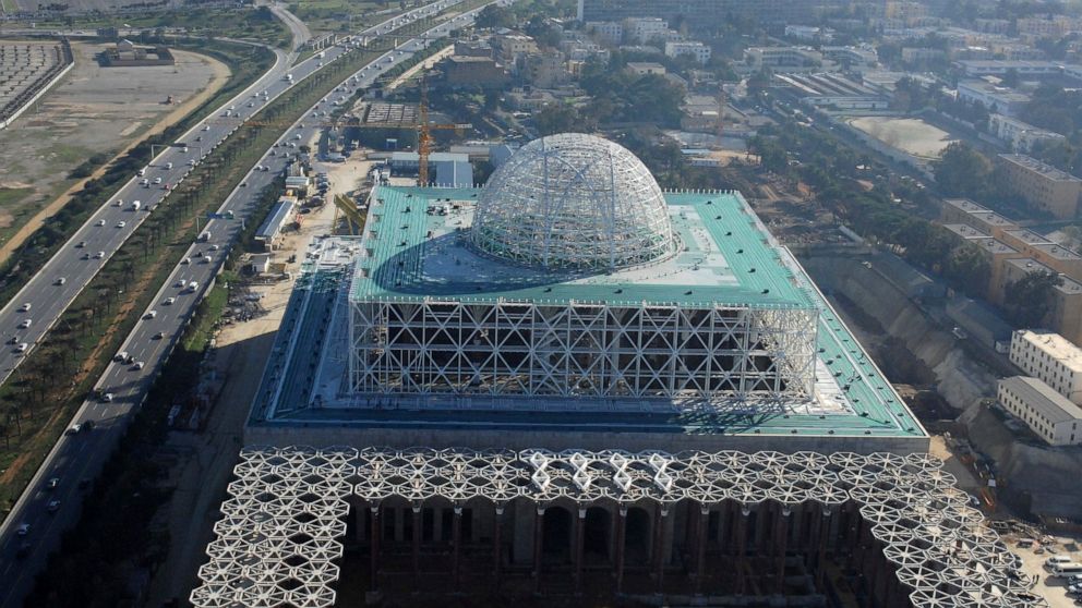 *File* In this Saturday, Jan. 7, 2017 file photo, the Mosque of Algiers is under construction in Algiers. Algeria's prime minister is finally to inaugurate a landmark mosque Wednesday that was completed last year but shuttered because of coronavirus.