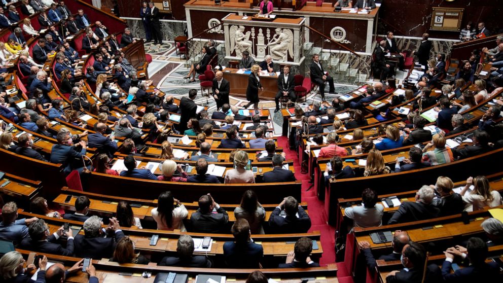 The National Assembly is pictured as French Prime Minister Elisabeth Borne delivers a speech in Paris, France, Wednesday, July 6, 2022. Borne lay out her main priorities at parliament after the government lost its straight majority in the National As