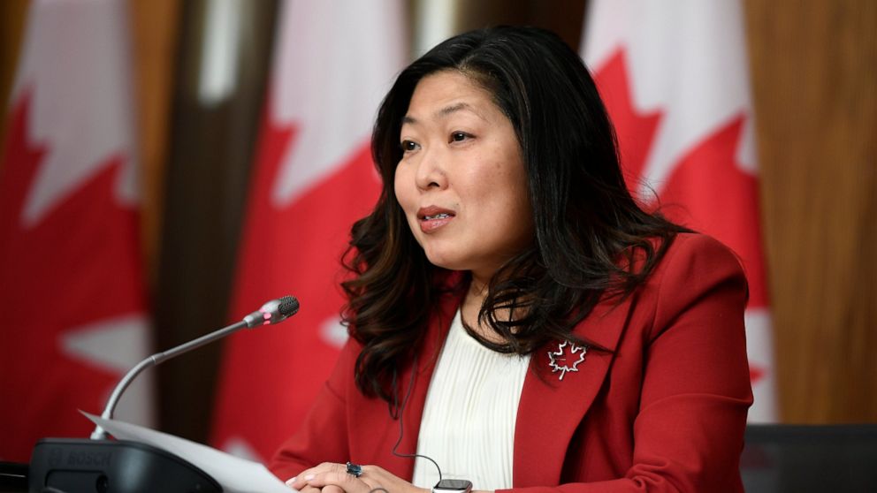 Minister of International Trade Mary Ng participates in a news conference on the Canada-United Kingdom Trade Continuity Agreement in Ottawa, on Saturday, Nov. 21, 2020. The U.K. signed an interim trade deal with Canada on Saturday, the second major a