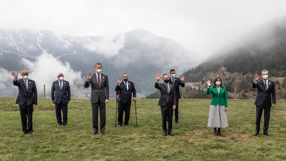 Participants of the Latin American leaders summit pose in Canillo, Andorra. Leaders of Latin American countries, Spain, Portugal and Andorra meet in Ibero-American Summit for the first time since the start of the pandemic to discuss vaccination effor