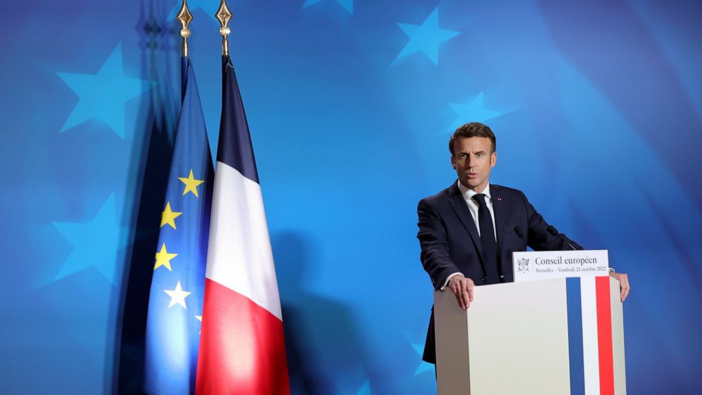 French President Emmanuel Macron speaks during a media conference at an EU summit in Brussels, Friday, Oct. 21, 2022. European Union leaders gathered Friday to take stock of their support for Ukraine after President Volodymyr Zelenskyy warned that Ru