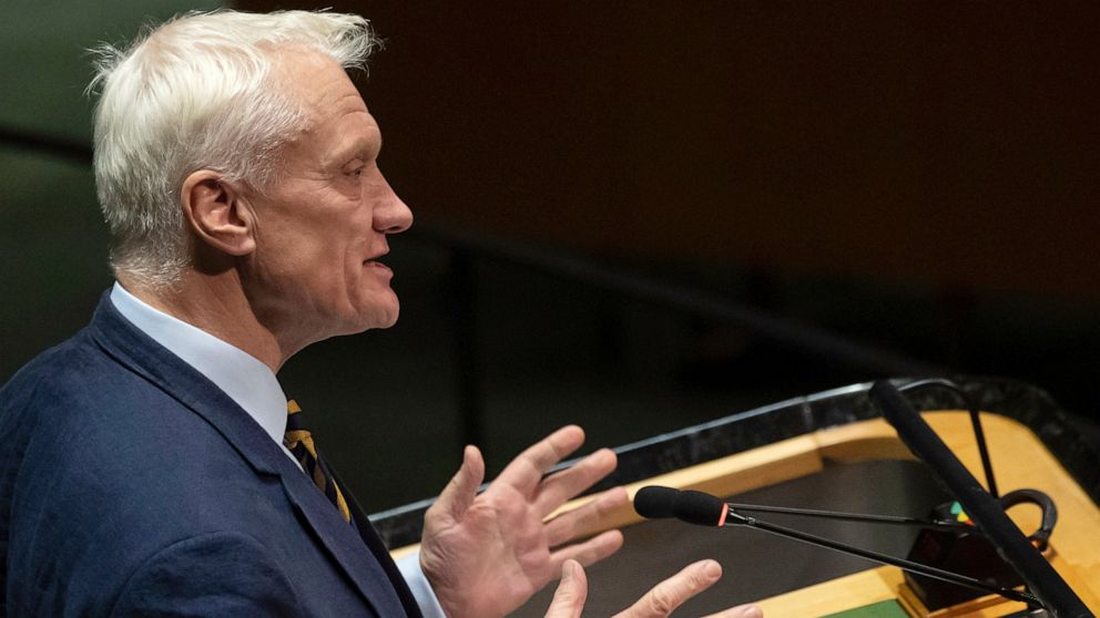 FILE - Britain's Minister of State (Minister for Climate) Graham Stuart addresses the 2022 Nuclear Non-Proliferation Treaty (NPT) review conference, in the United Nations General Assembly, Monday, Aug. 1, 2022. The British government opened a new lic