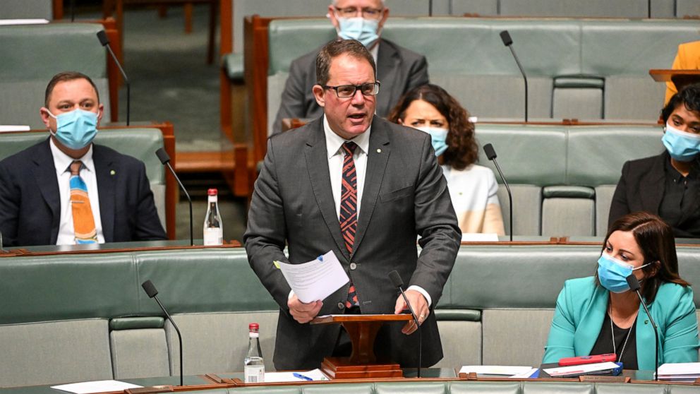 Labor member for Solomon, Luke Gosling introduces the Restoring Territory Rights Bill in the House of Representatives at Parliament House in Canberra, Australia, Monday, Aug. 1, 2022. The Australian Parliament is considering a bill that would lift a 
