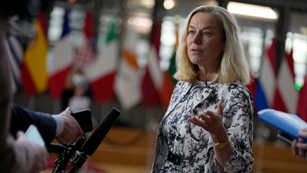 Dutch Finance Minister Sigrid Kaag speaks with the media as she arrives for a meeting of eurogroup finance ministers at the European Council building in Brussels, Monday, Jan. 17, 2022. Euro finance chiefs hold their first meeting of 2022 in Brussels