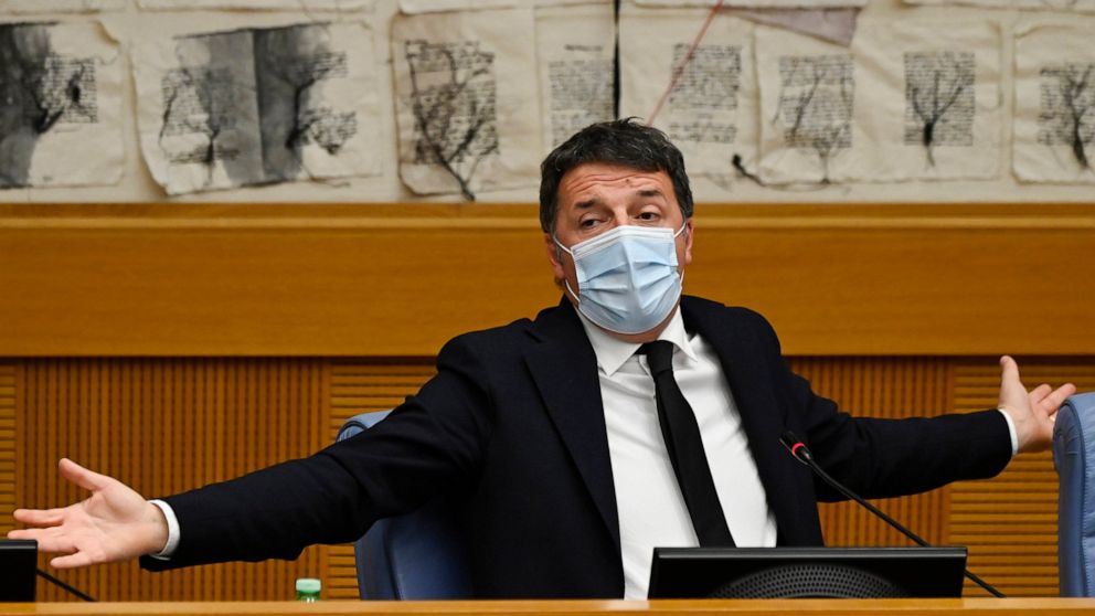 Italian Senator, former premier and head of the political party 'Italia Viva' (IV), Matteo Renzi holds a press conference at the Italian Chamber of Deputies in Rome, Wednesday, Jan. 13, 2021. The Italian cabinet was in crisis on January 13, 2021 foll