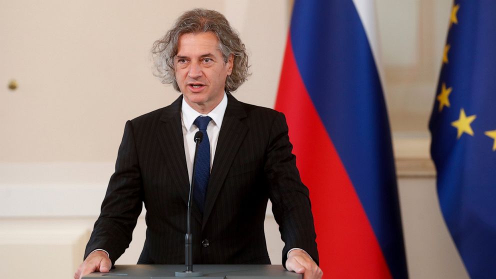 Robert Golob, the leader of the Freedom Movement party, speaks after meeting with President Borut Pahor, in Ljubljana, Slovenia, Tuesday, April 26, 2022. The winner of last weekend's parliamentary election in Slovenia said after the meeting that he h