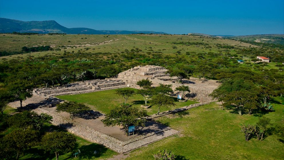 In this photo released by INAH, pre-Hispanic site "Canada de la Virgen" stands near the colonial town of San Miguel de Allende, in the central state of Guanajuato, Mexico, Aug. 1, 2014. Mexico has declared this pre-Hispanic site as an archaeological 